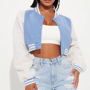 Blue and white Cropped Varsity Jacket- LIKE NEW